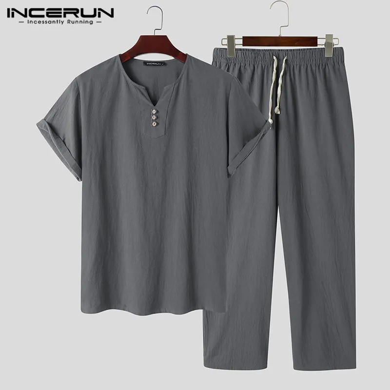 Casual Men Short-Sleeve INCERUN Chinese-Style Suits Shirts Drawstring-Pants Men-Sets