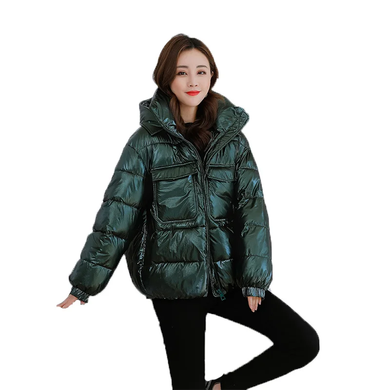 

Green Glossy Down Cotton Coat Women Top 2021 New Winter Fat Thick Warm Parka Jacket Black Fashion Hooded Loose Cotton Coat N1491
