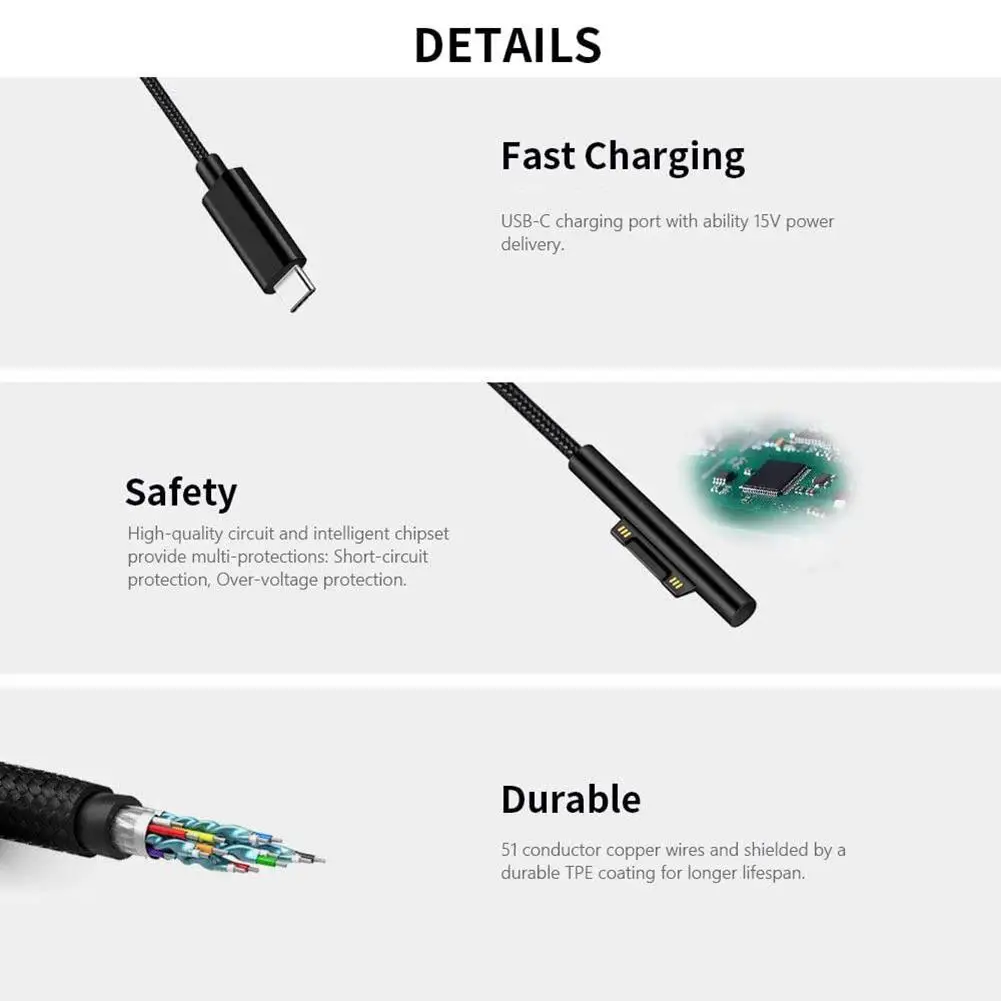 Портативный кабель для передачи данных PD к TYPE C кабель для быстрой зарядки компактный черный USB кабель для Surface Pro/ноутбука