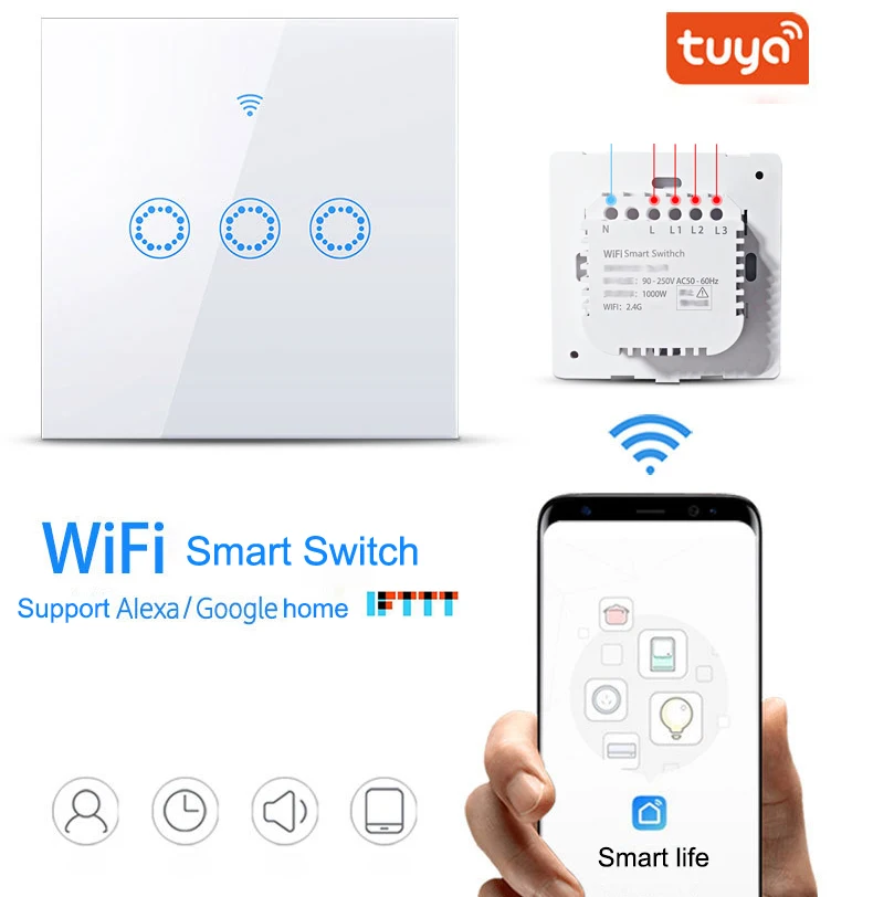 WiFi умный настенный выключатель света стеклянная Сенсорная панель беспроводной пульт дистанционного управления с помощью приложения в любом месте работает с Amazon Alexa, Функция синхронизации ЕС