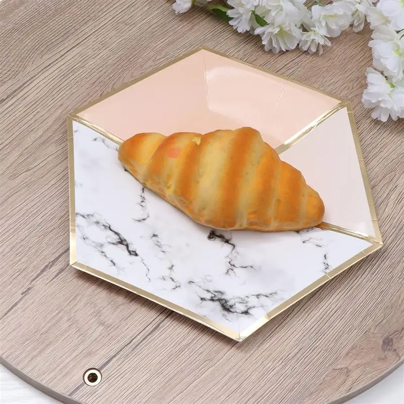 8PCS 9 Inches Disposable Tableware Paper Plates Golden Stripe Hexagonal Dinner Plates Party Supplies Paper Dishes for Carnival