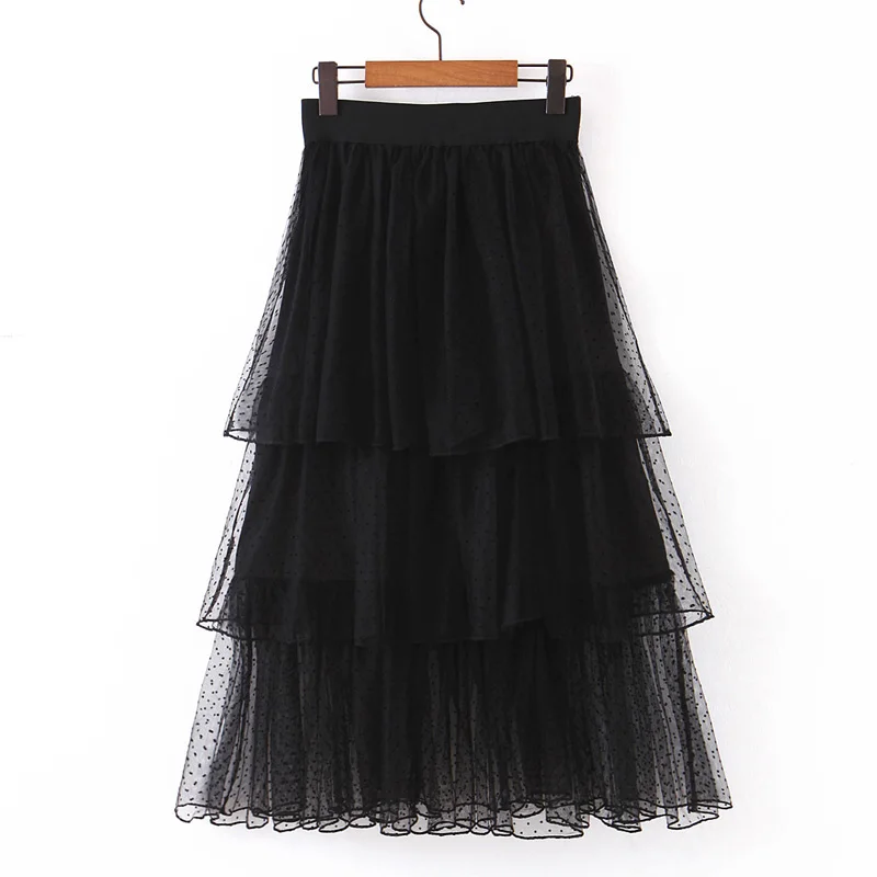 ZOEPO Casual Loose Ruffles Skirts Women Fashion Cascading Dot Printed Skirt Women Elegant Mid Calf Cake Skirts Female Ladies LE