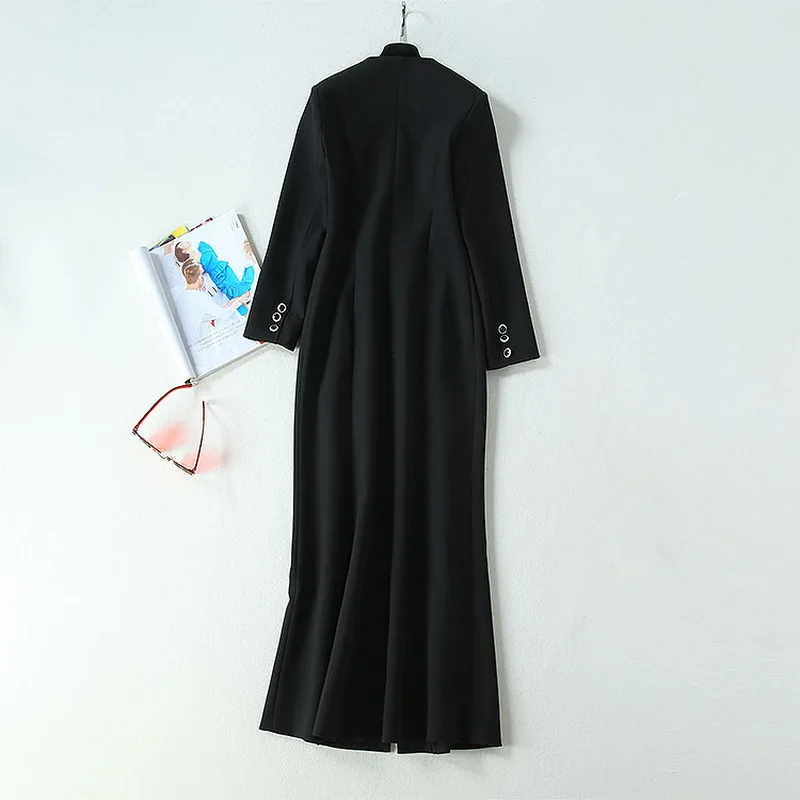 Top Quality New Autumn Winter Long Dress Women V-Neck Beading Buttons Up Pocket Patchwork Long Sleeve Dress Outfits Party