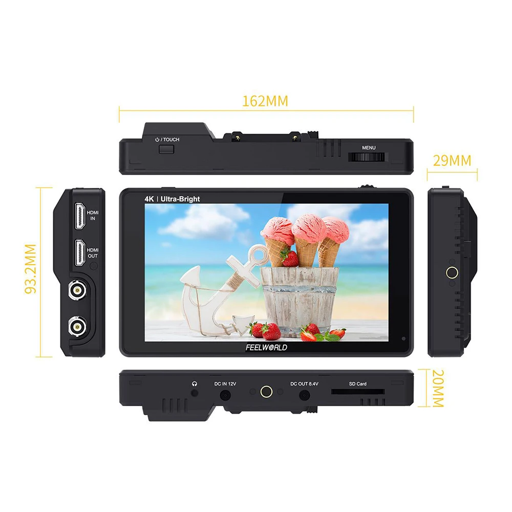 FEELWORLD LUT6S 6 Inch DSLR Camera Field Monitor 3D LUT HDR Touch Screen Waveform 3G SDI 4K 1920x1080 Display Camera Monitor