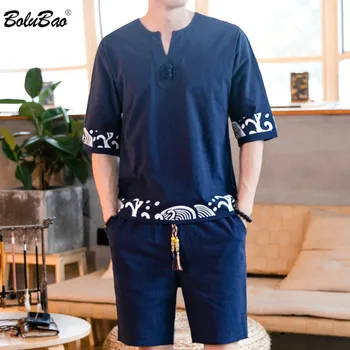 

BOLUBAO Summer Men Casual Sets Trendy Brand Men's T-Shirt + Shorts Two-Piece Tracksuit Flax Thin Sportswear Set Male