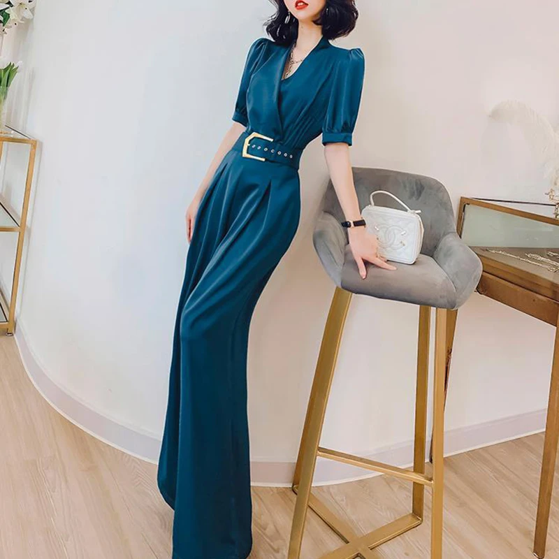 Neck Wrap Jumpsuit Office Lady Belt 