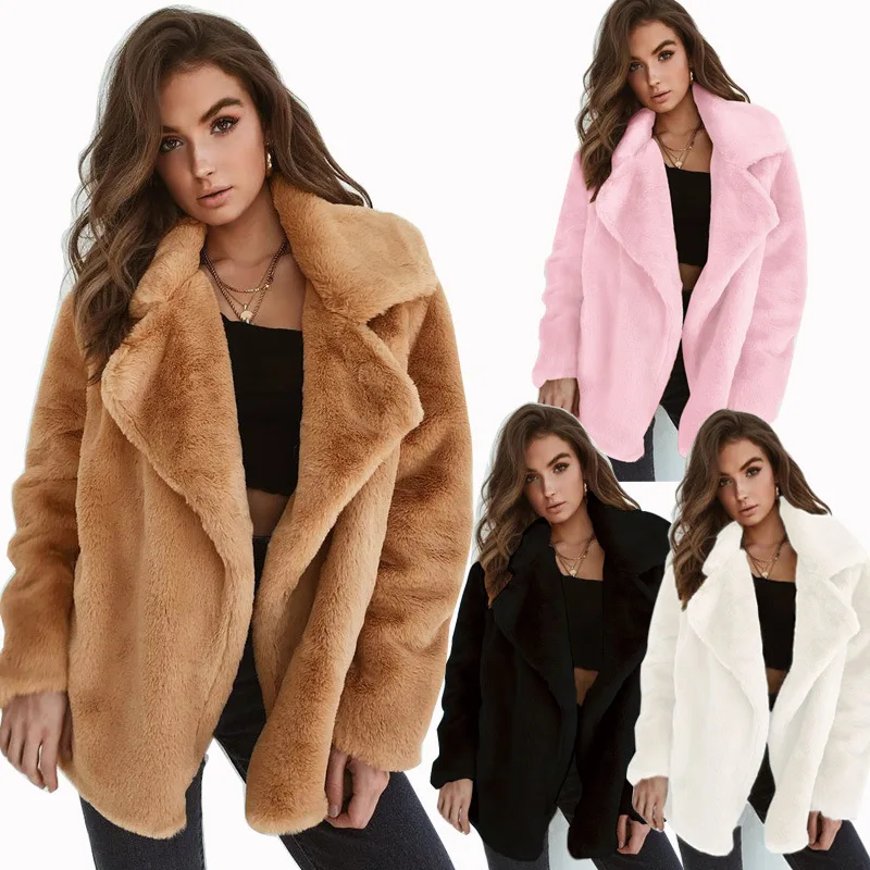 Women Winter Plush Coat Soft Women Fur Jackets Turn Down Collar Warm Outwear Casual Female Flannel Pink Coats