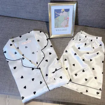 

QWEEK Pyjama Satin Femme Silk Pajamas for Women Lace Pijamas Sexy Sleepwear Home Clothes Lounge Wear Summer Nightie