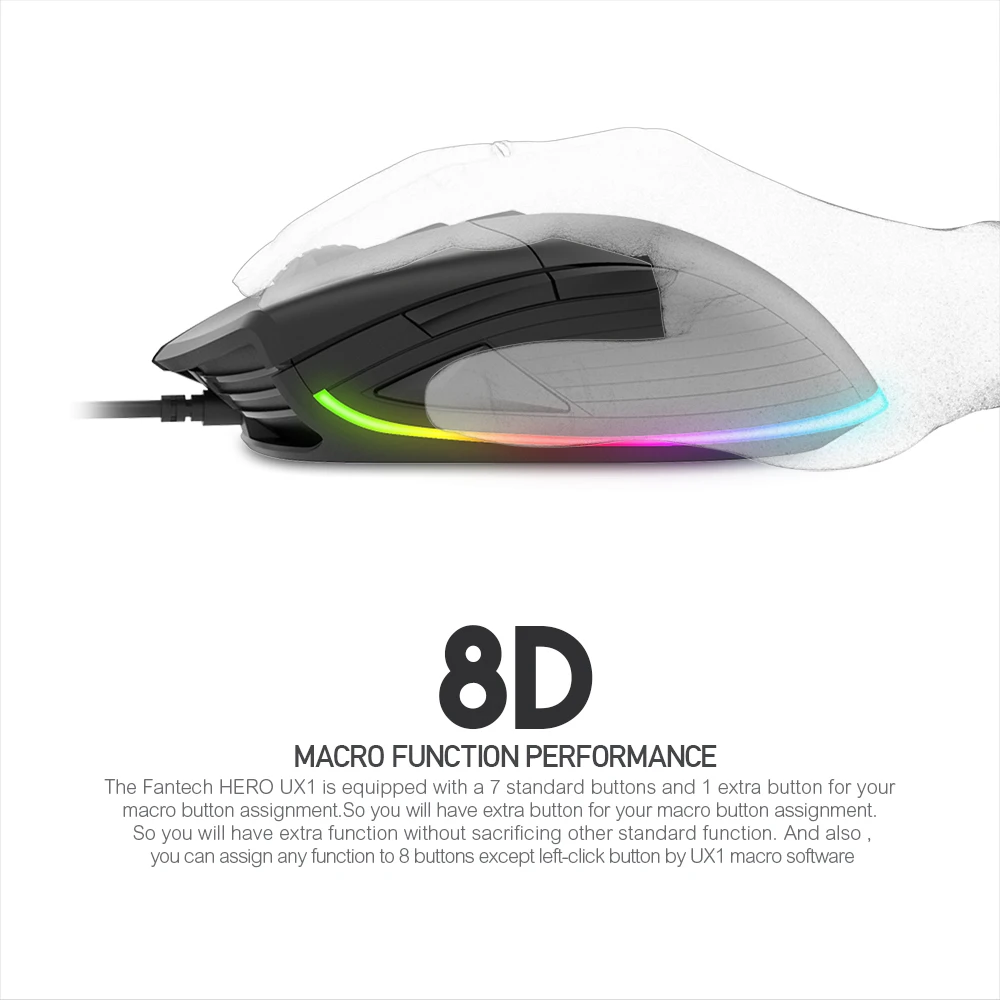  FANTECH UX1 Profession Gaming Mouse 16000 DPI Adjustable 8 Button Macro RGB Wired Mouse USB For LOL