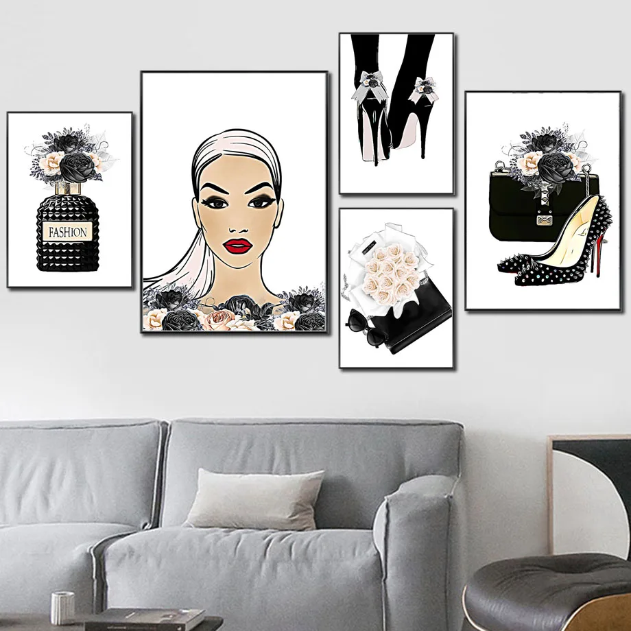 Perfume High Heels Rose Flower Bag Girl Wall Art Canvas Painting Nordic Posters And Prints Wall Pictures For Living Room Decor
