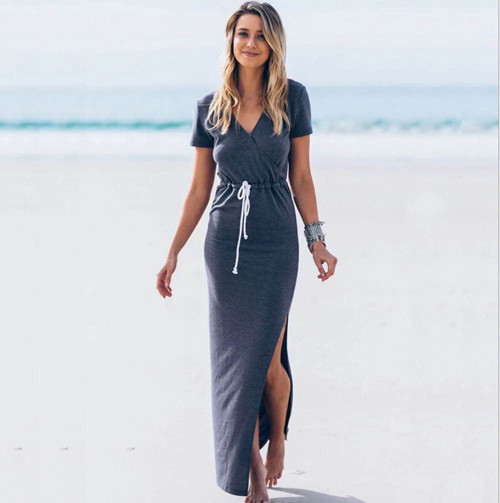

Elegant Women's Dresses V Neck Short Sleeve Waist Split Pencil Skirt Solid Color Dress Ladies Cotton Beach Mermaid Dress