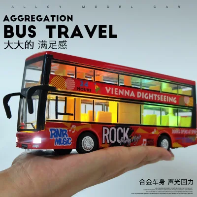 1:50 Alloy City Tourist Bus L=20Cm Terrace W/Beautiful Lights Open Door Can Make Light and Music Gift For Kids |