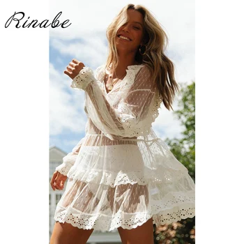 

Rinabe 2020 Ruffel Bikini Cover Up Lace Pareo Solid Swimsuit Transparent Bikini Elegant Dress Beach Wear Cover-ups Hollow Out