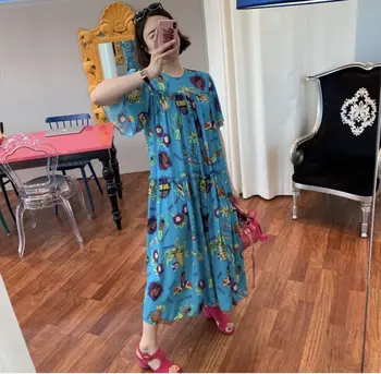 

Europe Women Long Dress Summer New 2020 Short Sleeve Ladies Dress Cotton Round Collar Fashion Women Clothing T696