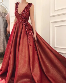 

Burgundy Muslim Evening Dresses 2019 A-line Deep V-neck Flowers Beaded Islamic Dubai Saudi Arabia Long Evening Gown Prom