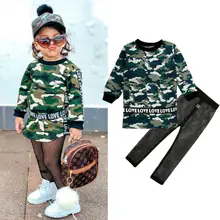 Брендовая одежда для маленьких девочек, камуфляжный Длинный топ+ сетчатые штаны, детская одежда, Set1-5Y