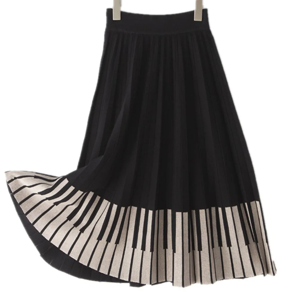 Винтажная Гибкая эластичная плиссированная юбка миди с высокой талией в полоску, теплая трикотажная юбка для женщин, черная женская Юбка saia saias