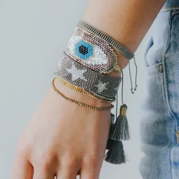 

XUXI Five-pointed Star Multi-layer Suit Charms Tassel Bracelet Women Fashion Japan Rice Beads Hand Made Demon Eye Femme SS041