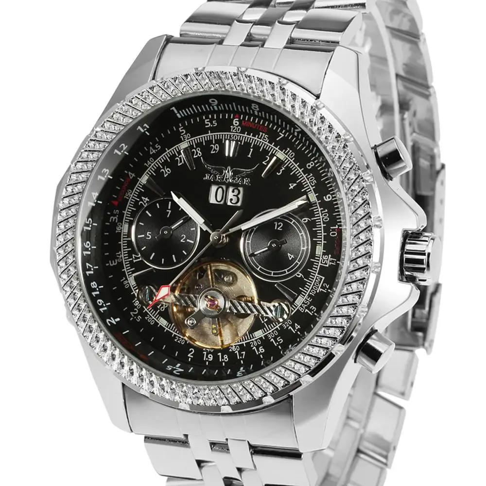 

Jaragar Steampunk Sport Series Tourbillon Unique Silver Stainless Steel Date Month Display Luminous Automatic Mechanical watches