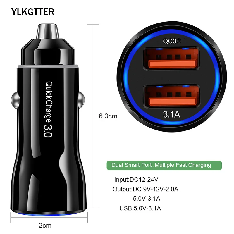 YLKGTTER Dual USB выход 3.1A/QC3.0 Смарт автомобильное зарядное устройство для Iphone X/11 XIAO MI Note 10 huawei Mate30 высокая сила тока Мини Автомобильное зарядное устройство