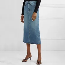 Женская мода Высокая талия сплошной цвет Карманы Сплит средней длины джинсовые юбки Сексуальная Прямая Офисная Женская юбка