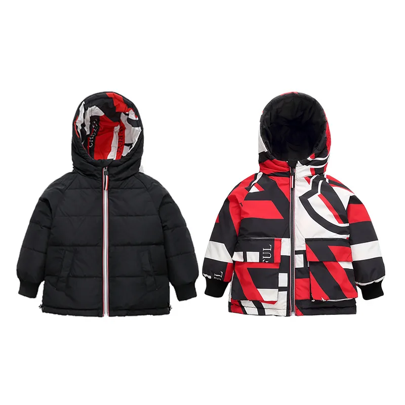 BLACK RED Эксклюзивная детская одежда; Новинка года; зимние двухсторонние пуховики для мальчиков и девочек; детская камуфляжная куртка с героями мультфильмов - Цвет: BLACK RED