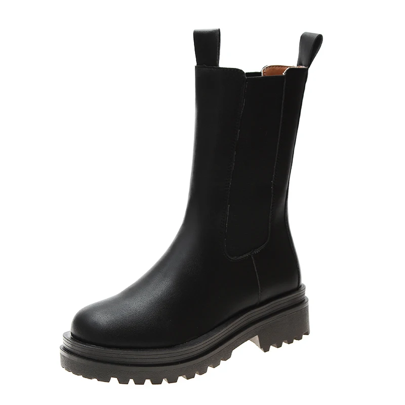

2020 Street Trend New Sleeve Ladies Short Boots PU Round Head Chelsea Boots Thick With Slip-On Medium Tube Motorcycle Boots