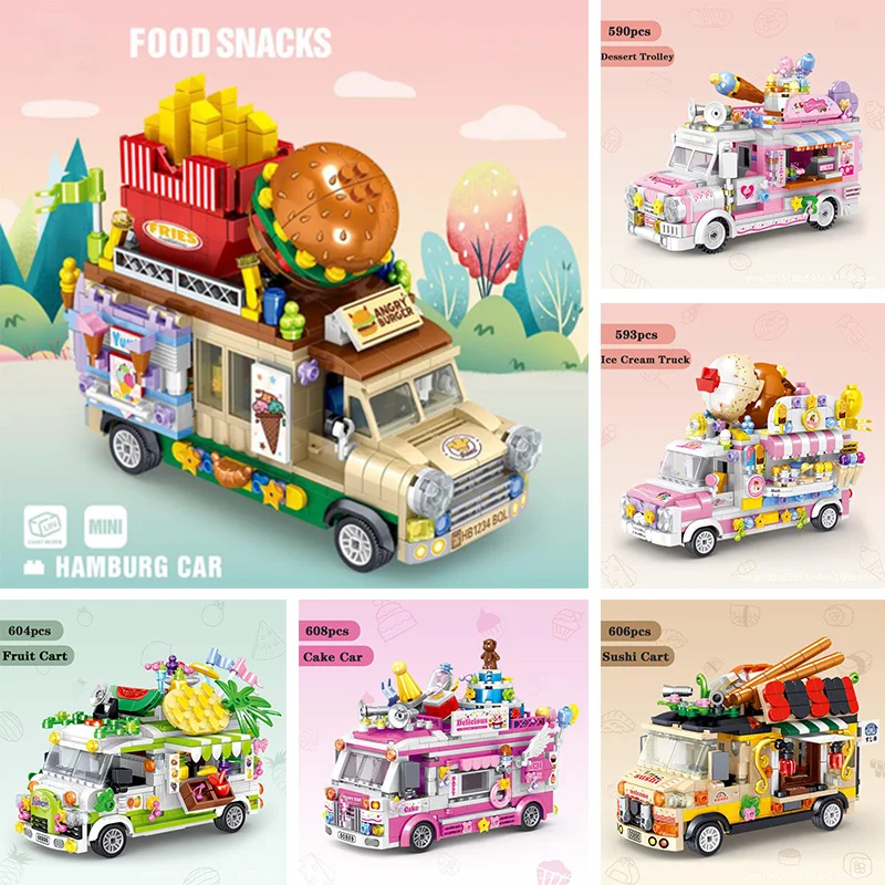 Hot Products! Mini City Friends Building Blocks Creative Hamburg Ice Cream Dessert Car Figurine Model Vehicle Bricks Toys For Children Gifts
