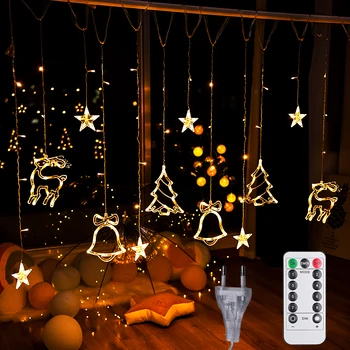 

2020 LED Deer Tree Bells Christmas Garland String Lights Fairy Curtain Hanging Light For New Year Xmas Navidad Gift Decortions