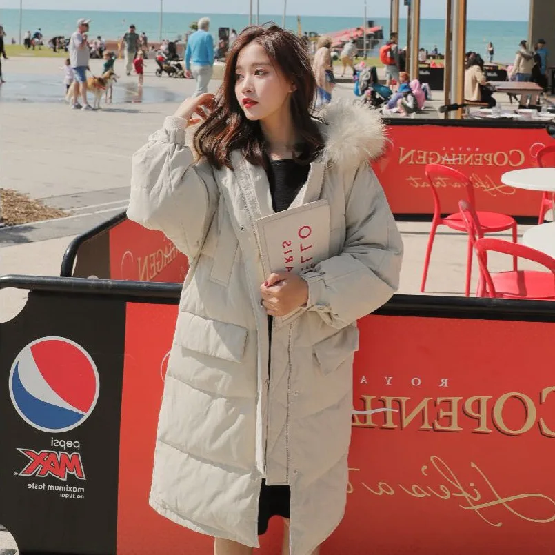 

Photo Shoot CHIC down Coat Mid-length Hooded Model Large Fur Collar Dark Khaki Elegant Ol Cotton Overcoat Women's Winter