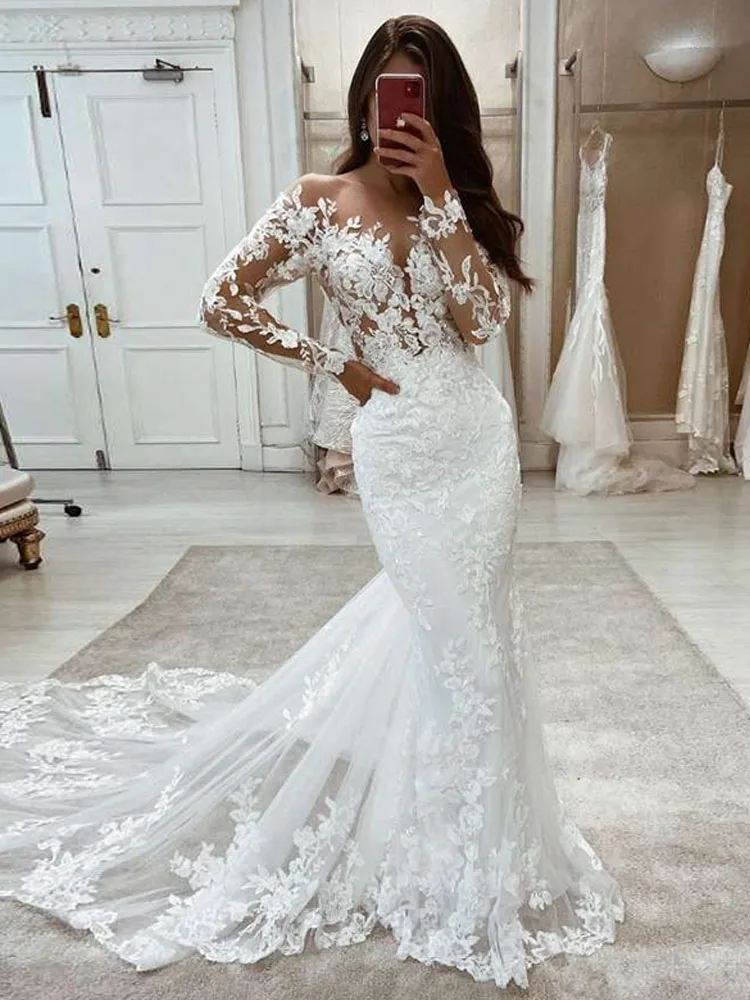 LORIE Boho Wedding Dresses Mermaid Lace Long Sleeves Wedding Gown Vintage White Ivory Made Luxury Bridal Dress wedding dresses