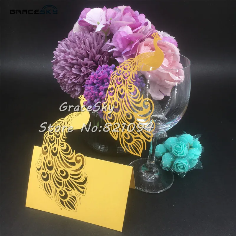 

50pcs free shipping laser cut peacock paper Name Place Cup Cards Wedding invitation Table Cards for Party Table home Decoration