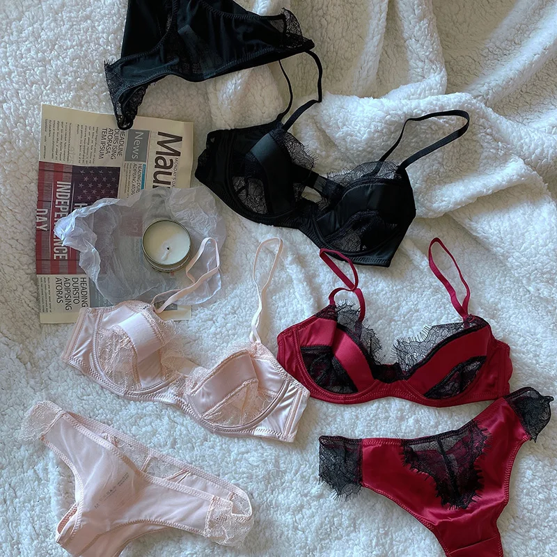 

Sexy lace satin stitching hollow thin section lingerie with underpants sets steel ring underwear set gathered bra