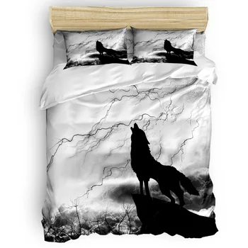 

4Pcs Animal Duvet Cover Wolf Black Night Lightning Wild Animal Design Bedding Set Home Bedding Set Luxury Comforter Bedding Sets