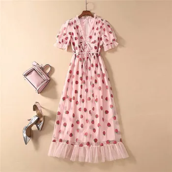 

Elegant Chic Mesh Strawberry Embroidery V-Neck Ribbon Midi Dress Women Short Sleeve Sweet Maxi Holiday Dresses Party Casual