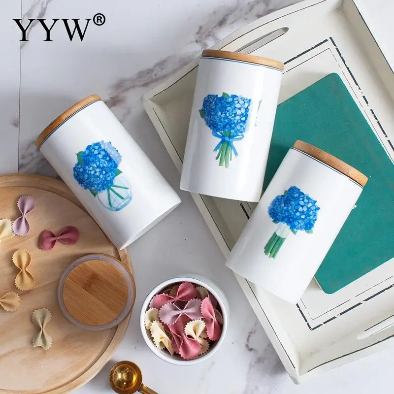 White Ceramic Jars Seal Cans With Wood Cover Kitchen Food Storage Bottles Mason Spice Jars Candy For Storage Banks Tea Box Can