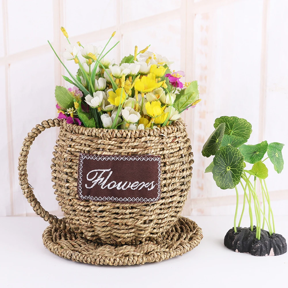 Eco-friendly Flower Pot Teacup Shape Decorative Watertight Garden Hand Made Gifts Straw Basket Plant Holder Craft Home Elegant