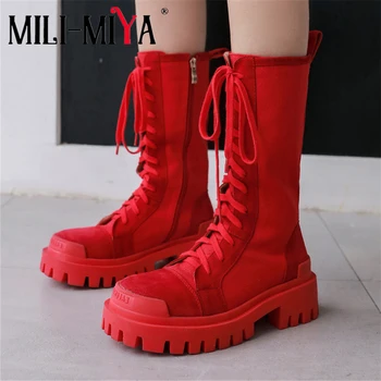 

MILI-MIYA Fashion Women Cow Leather Canvas Motorcycle Mid-Calf Boots Lace Up Round Toe Square Heels Zipper Size 34-39 For Ladies