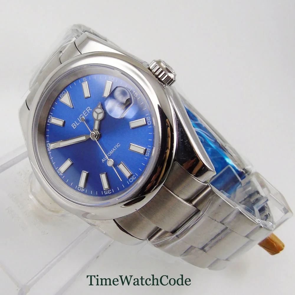 

39mm Genuine Miyota 8215 Automatic Men's Watch Sapphire Glass Date Blue Dial 316L Bracelet Luminous Dial Polished Bliger