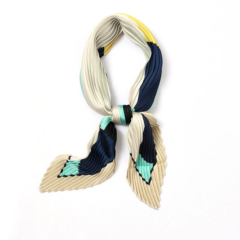 

2020 Designer Square Crinkle Silk Scarf Women Commute Crumple Neck Wear Pleated Lattice Handkerchief Elegant Foulard Female