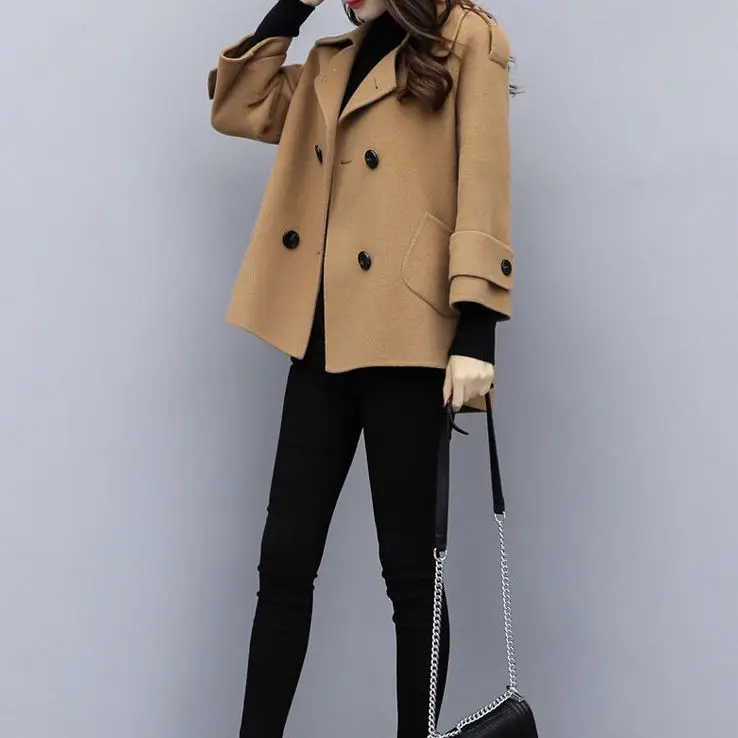 Офисное женское Короткое шерстяное пальто, двубортный пиджак, юбка, сплошной воротник с отложным воротником, женские пальто - Цвет: 01
