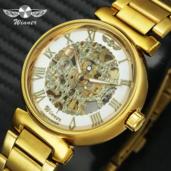 

WINNER Automatic Mechanical Watch Men Golden Stainless Steel Strap Skeleton Dial Roman Numerals Top Brand Luxury Business Clock