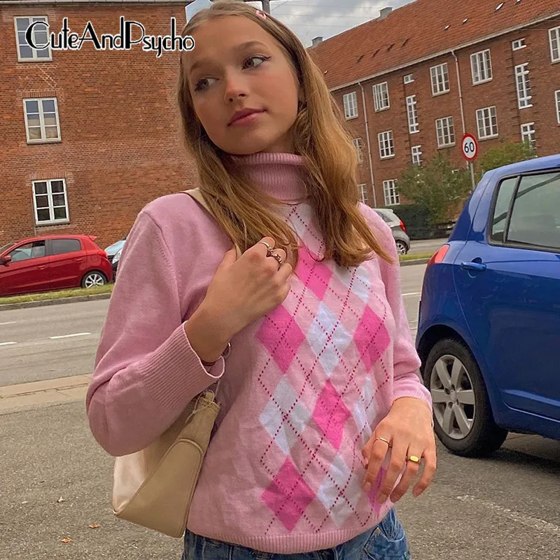 

Autumn Argyle Plaid Women's Sweaters Turtleneck Y2K Knitted Pullovers Preppy Style Vintage Pink Cute Jumpers 2020Cuteandpsycho