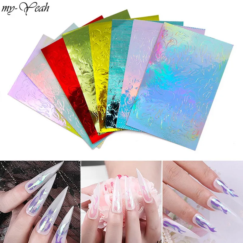 8 PCS Holographic Fire Flame Nail Vinyls Stencil Hollow Stickers Fires On Manicure Stencil Stickers Nail Art Decoration