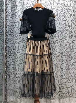 

2020 Spring and Summer New Women's round Neck Sleeves Perspective Short-Sleeved Top Gauze Skirt Set 529
