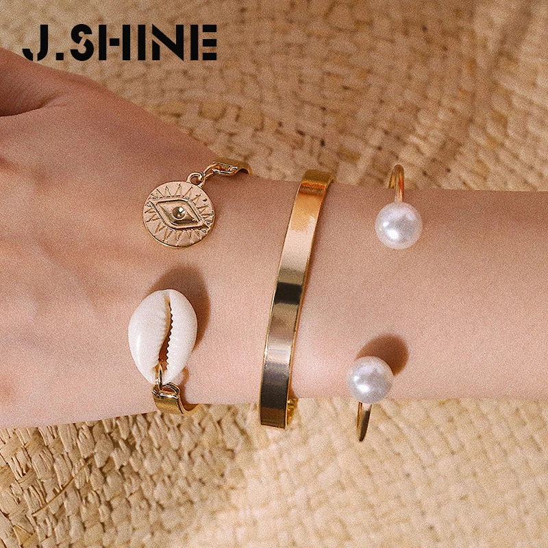 

J.Shine 3 Pcs/ Set Bohemian Eye Shell Pendant Woman Bracelet and Bangles Imitation Pearl Open Cuff Bangle for Women Accessories