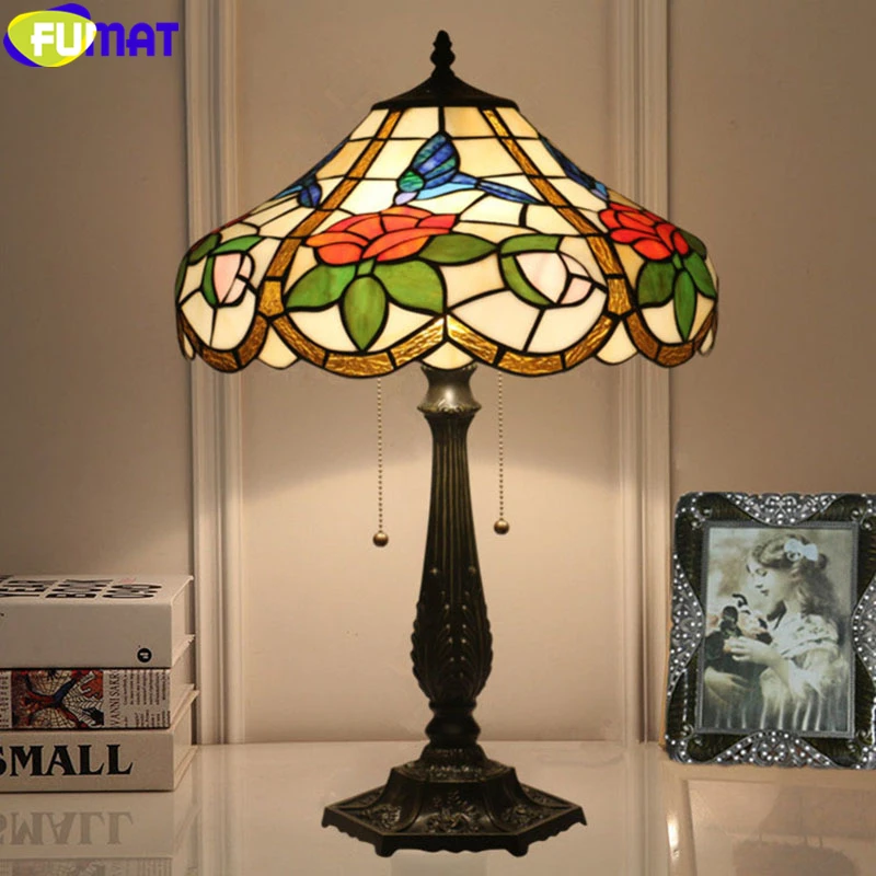 FUAMT Home Decor Table Lamp Stained Glass Lampshade Tiffany European Style Alloy Frame Table Light Red Rose Blue Butterfly Drawing Handcraft Arts 3