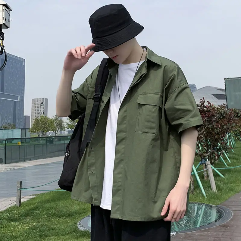 

Summer Solid Color Shirt Men's Fashion Casual Shirt Men Streetwear Multi-pocket Tooling Shirts Loose Short-sleeved Shirt Mens