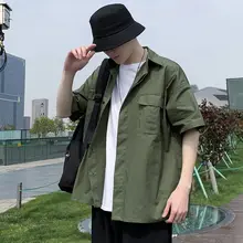 Summer Solid Color Shirt Men's Fashion Casual Shirt Men Streetwear Multi-pocket Tooling Shirts Loose Short-sleeved Shirt Mens