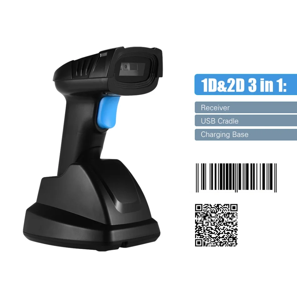 Aibecy 1D 2D QR Беспроводной сканер штрих-кода считыватель штрих-кода с подставка для подзарядки USB приемник зарядного устройства 100 м дальность передачи - Цвет: 1D and 2D Barcode